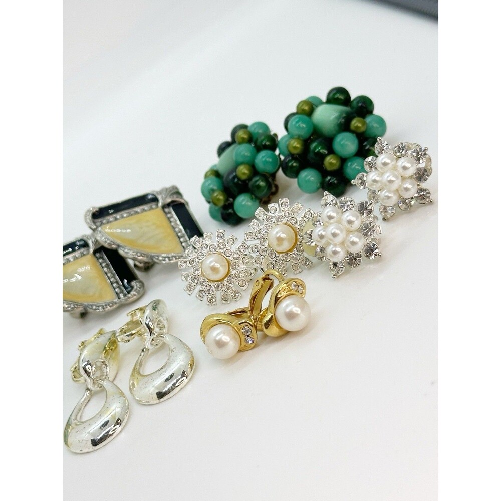 Vintage Earrings Lot Of 7 Clip On Enamel Rhinestone Trifari Monet